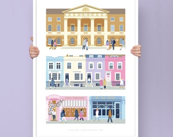 Chelsea London Print with postcode text showing the Saatchi Gallery, Bywater Road, Peggy Porschen & My Old Dutch Pancakes, Kensington in SW1