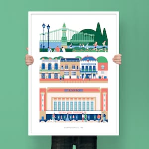 Hammersmith London Print with postcode text showing the Hammersmith Apollo, Rutland Arms, Blue Anchor Pubs & Hammersmith Bridge in A2 or A3