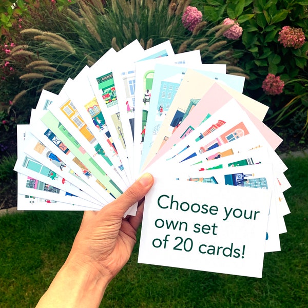 20 London postcards you can choose yourself with matching colour envelopes, Postcard Set, Iconic London sites, Local Neighbourhood drawings