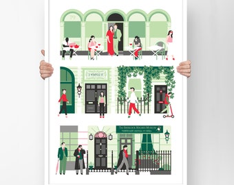 Marylebone London print in A2 showing local favorites, streets and of course 221b Baker Street with Sherlock, Mycroft Holmes and Moriarty