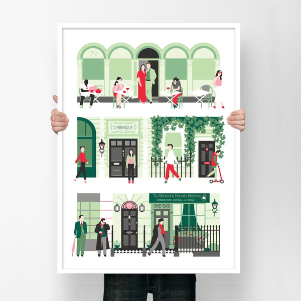 Marylebone London print in A2 showing local favorites, streets and of course 221b Baker Street with Sherlock, Mycroft Holmes and Moriarty