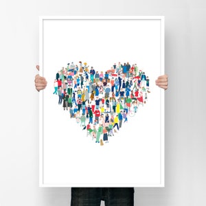 United in Love print - A heart illustration made of countless colorful people - makes for a great community center gift, community spirit