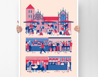 Munster Market Square Print with Cathedral & many food stalls in pinks, red and blues - makes a great Mothers Day Gift or Housewarming Gift