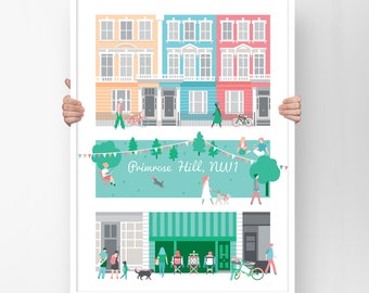 Primrose Hill Print in Pastels showing colourful terrace houses on Chalcot Square, Park & Greenberry Cafe - A great Gift for London Locals