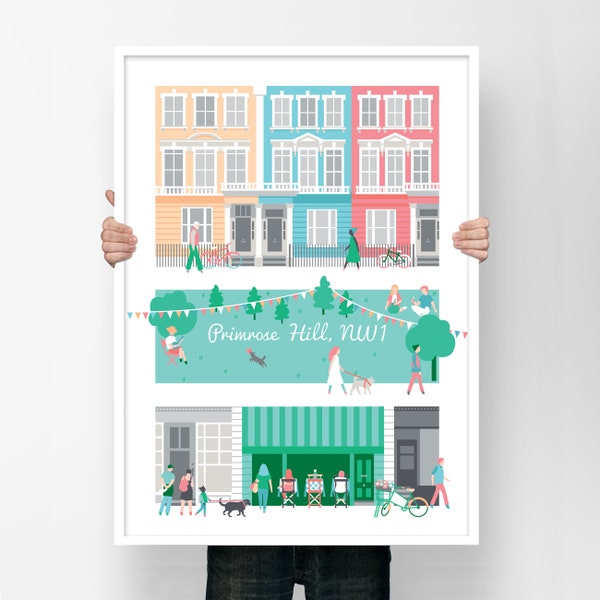 Primrose Hill Print in Pastels showing colourful terrace houses on Chalcot Square, Park & Greenberry Cafe - A great Gift for London Locals