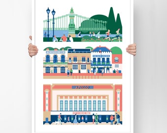 Hammersmith London Print featuring the iconic Hammersmith Apollo, The Rutland Arms & The Blue Anchor Pubs and the Hammersmith Bridge in A3 or A2