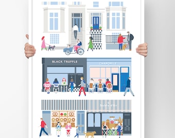 Puede incluir: Una ilustración de una escena de calle con tres tiendas. La tienda de arriba se llama "Chamomile" y la tienda de abajo se llama "Sable d'Or". La tienda del medio se llama "Black Truffle".