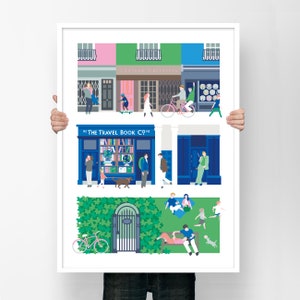 Notting Hill Print with Famous Blue Door, Travel Bookshop, Secret Community Garden in A2 or A3 – The Gift for Romantic Comedy & London Fans