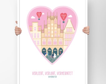 Personalized Munster Wedding Print - in love, engaged, married: The heart art print of your local love story featuring Munster's Town Hall