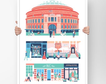 South Kensington Print in A2 showing the Royal Albert Hall, local restaurants & shops - the ideal London Gift for Locals, London SW7 Poster