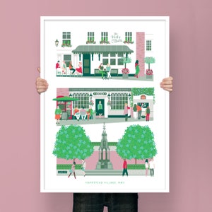 Könnte beinhalten: Eine farbenfrohe Illustration eines Pubs namens "The Holly Bush" in Hampstead Village, NW3. Die Illustration zeigt das Äußere des Pubs, mit Leuten, die draußen sitzen und Getränke genießen. Der Text "Great Food, Cask Ales, Cooked Beers, Chilled Wines" ist über dem Eingang des Pubs angebracht.