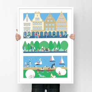 Münster Home Decor in A2 or A3 showing Prinzipalmarkt the town's green belt Promenade and the popular recreational lake Aa, Münster gift