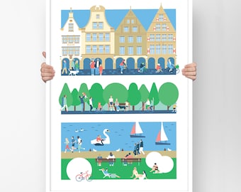 Munster Home Decor in A2 or A3 showing Prinzipalmarkt the town's green belt Promenade and the popular recreational lake Aa, Munster gift