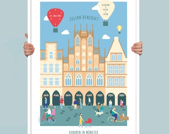 Born in Münster Baby Poster | Personalized | Christening Gift, New Baby Gift, Baby Shower Gift | Handdrawn Münster Illustration, A2 or A3
