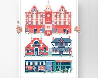 Crouch End London Print with Clocktower, Crouch End Broadway, Arthouse Cinema, Dunns Bakery, Railway Tavern & Banners Restaurant in A3 or A2