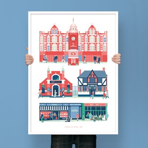 Crouch End Print with postcode text showing the clocktower, Dunns Bakery, Banners Restaurant, Railway Tavern and Arthouse Cinema in A2 or A3