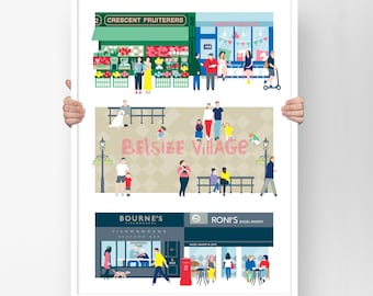 Puede incluir: Una ilustración impresa de Belsize Village en Londres, Inglaterra. La impresión presenta una escena de calle con tiendas, personas y un perro. Las tiendas incluyen un puesto de frutas, una panadería y una pescadería. El texto "Belsize Village" está escrito en letras rosas sobre una pared beige.