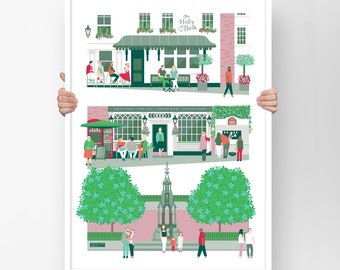 Hampstead London Print with Holly Bush and King William VI Pubs, Hampstead Crepe Stand - the ideal Gift for London Locals & Fans in A2 or A3