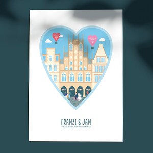 Personalized Munster Wedding Print in love, engaged, married: The heart art print of your local love story featuring Munster's Town Hall image 4