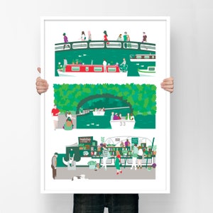 Regents Canal Print or Camden Town Poster with the famous London Canal, Amy Winehouse and the cute Word on the Water bookshop in A2 or A3 image 1