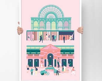 Covent Garden Print in Rose and Mint tones showing the Market Hall and Paul Hamlyn Hall with dancers from the Royal Ballet - for London fans