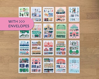 20 London Postcards in A6 WITH Matching Envelopes, Crouch End, Notting Hill, Kensal Rise, Marylebone, Islington, Hampstead, Chelsea, Hackney