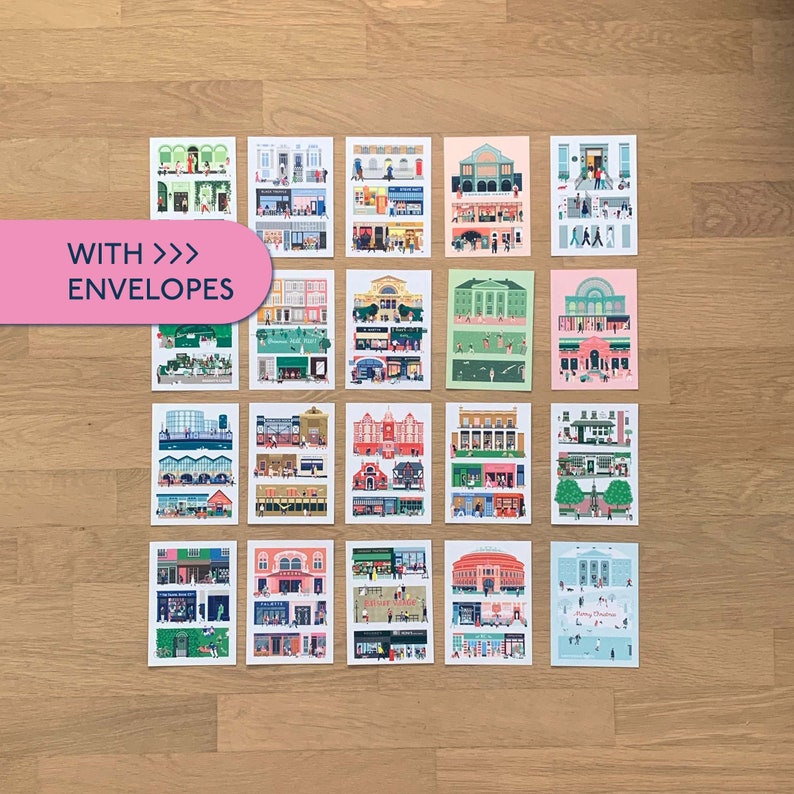 20 London Postcards in A6 WITH Matching Envelopes, Crouch End, Notting Hill, Kensal Rise, Marylebone, Islington, Hampstead, Chelsea, Hackney image 1