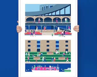 Kings Cross print showing Samsung KX, Granary Square and Regents Canal with its houseboats - the ideal gift for London fans in A2 or A3