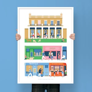 Peut inclure: Une illustration colorée d'une scène de rue à Stoke Newington, Londres, avec une rangée de magasins et des gens qui passent. Les magasins comprennent Rasa, The Spence Bakery et World of Napoli. L'illustration est dans un style plat avec des couleurs vives et des lignes simples.