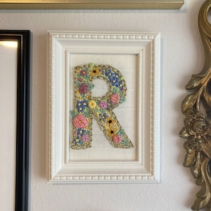 Custom Embroidered Initial, Home Decor, Wall Art, Floral Embroidery