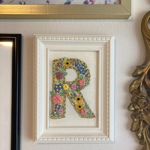 Custom Embroidered Initial, Home Decor, Wall Art, Floral Embroidery