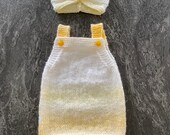 Hand knitted baby girls pinafore dress set in lemon/white ombré marble - including matching headband - to fit small newborn - handmade