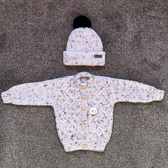 Hand Knitted Unisex Baby Aran Cardigan and Matching Hat to Fit