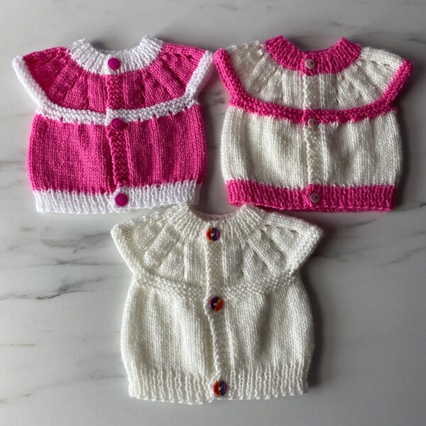 Hand Knitted Girls Early Baby/Small Newborn Sleeveless Cardigan