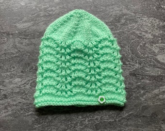 Hand knitted unisex baby hat - in light green - to fit approx 3 months - baby, clothing. Knitting, pattern, handmade, baby shower, gift