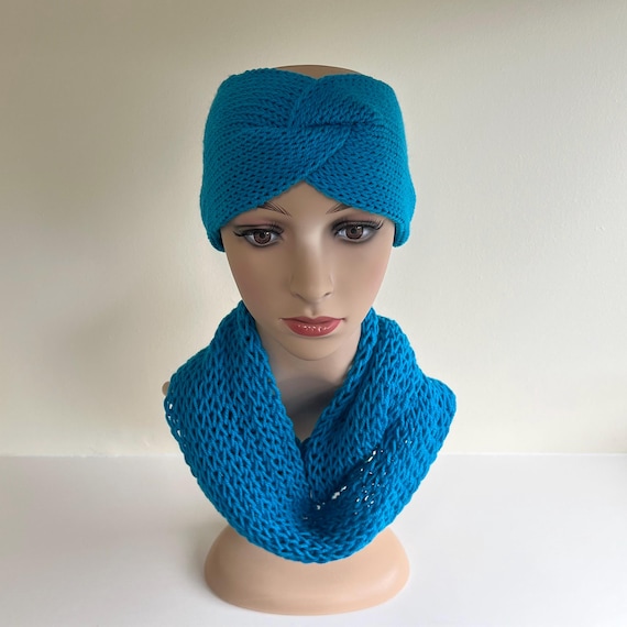Handmade adult infinity neck scarf headband set in turquoise  knitting,pattern, clothing, winter, scarves, warmer, headband, hat, present