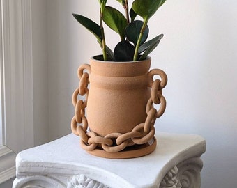 Handmade ceramic planter with a chain and saucer | ceramic flower pot | succulent planter | Pottery plant pot | Terracotta planter with dish