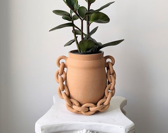 Handmade ceramic planter with a chain and a dish | ceramic flower pot | succulent planter | Pottery plant pot | Terracotta planter