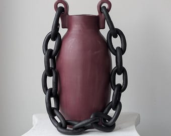 Flame | Black and burgandy handamde ceramic vase with a chain