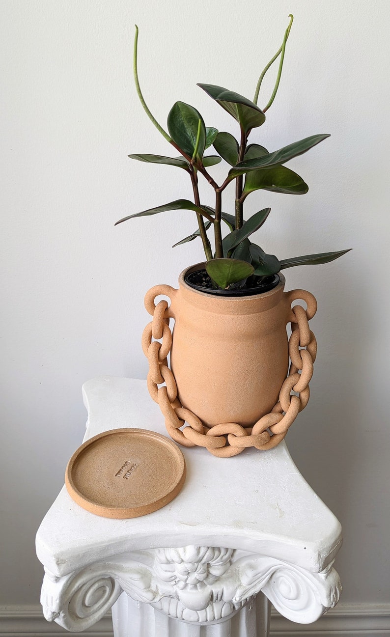 Handmade ceramic planter with a chain and saucer ceramic flower pot succulent planter Pottery plant pot Terracotta planter with dish image 2