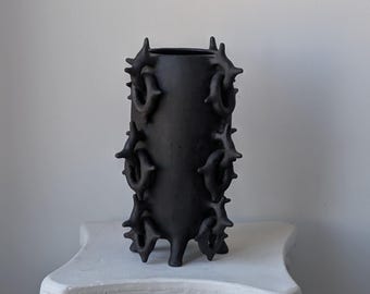 Brutalist Spiky Black Ceramic Vase, Avant Garde Sculptural Decor, Raw Finish Porcelain Sculpture, Modern Statement Interior Object