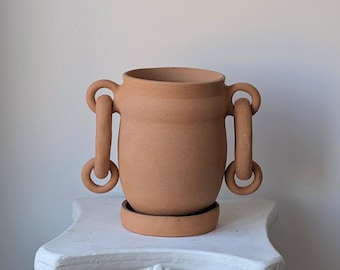 Handmade Ceramic Planter with Rings and Saucer | Rustic Pottery Flower Pot