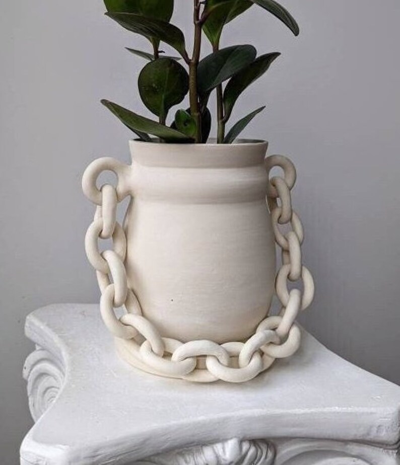 Handmade ceramic planter with a saucer Chain pot Flower pot with a dish succulent planter home decor gardening pot shelf decor image 2