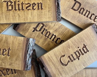 Rustic Santa Reindeer Name Signs – 9 Pc Set – Live Edge Wooden Christmas Décor Set