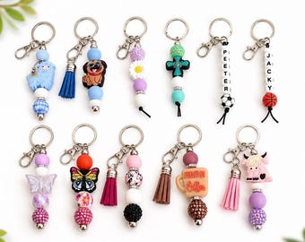 Beadable Bar Keychain with Focal Beads, Corded Bag Charm Keyring