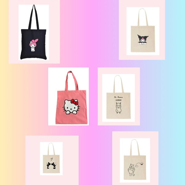 Canvas tote bag, various designs, Peru Nazca lines, Hello kitty, Kuromi Sanrio, Winnie the pooh, llama drama, My Melody, tote bag, pouch bag