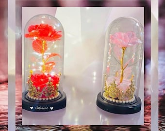 Personalized Galaxy Glitter Rose night light LED, Eternal Rose in Glass dome with LED Light, Beauty & Beast Inspired Gift