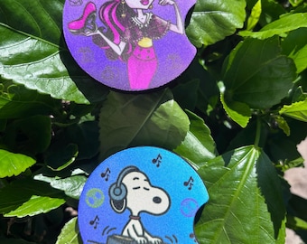 Neoprene Car Coasters Set of 2 | Retro Cartoon Dog| Spooky Gothic Fashion Doll Cup Holder Inserts | Vintage 70s Anime Girl| Car accessories