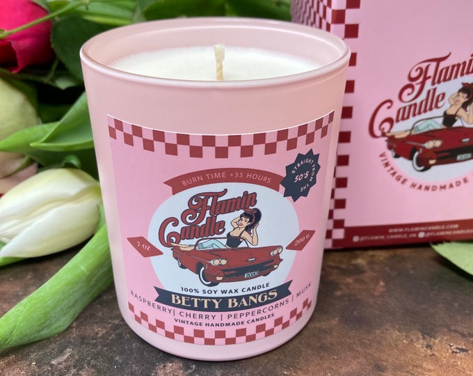 BETTY BANGS Raspberry & Peppercorn Scented Soy Candle | Highly Scented Soy Wax Candle | Handpoured, Vegan Jar Candle | Housewarming Gift