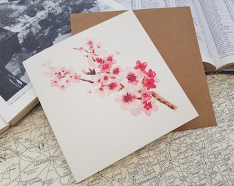 Greetings card of hand-painted watercolour cherry blossom branches print